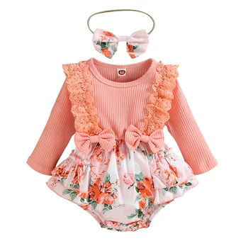 Весенне-осенняя детская одежда, комбинезон для новорожденных девочек, комбинезоны с цветочным принтом, кружевные оборки, Комбинезоны с длинными рукавами, комплект из 2 предметов, 0-18 м