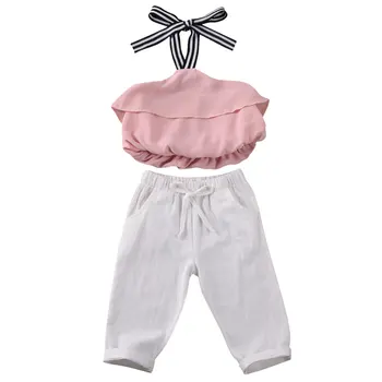 От 1 до 6 ЛЕТ Летние Комплекты одежды для новорожденных Девочек Без рукавов С поясом Розовый Жилет Топы + Белые Длинные брюки Наряды 2шт