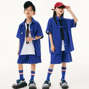 Летняя Детская Уличная одежда для мальчиков и девочек, Модная одежда для танцев в стиле хип-хоп, Голубые рубашки и шорты, Комплекты Детских сценических костюмов, спортивные костюмы