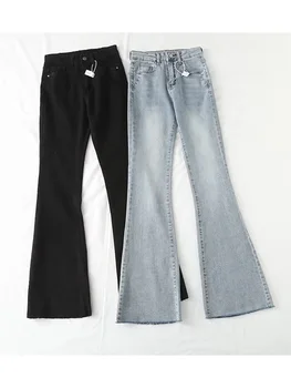 Летние новые женские модные двухцветные простые брюки, высококачественная ретро-индивидуальность, эластичные тонкие рваные джинсы с высокой талией, модные
