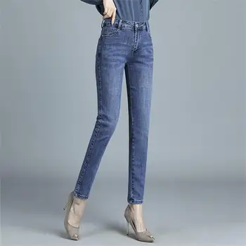 Бесплатная доставка, весна и осень 2022, женские новые эластичные облегающие джинсы-скинни с высокой талией, повседневные брюки среднего размера в натуральную величину