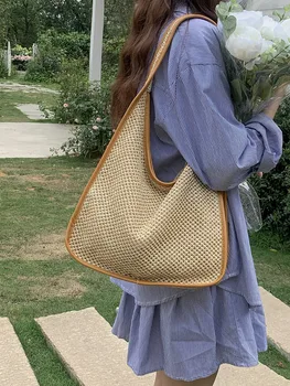 Летняя плетеная соломенная сумка-тоут для женщин, вязаные холщовые сумки через плечо, женская дорожная сумка большой емкости, повседневная сетчатая пляжная сумка