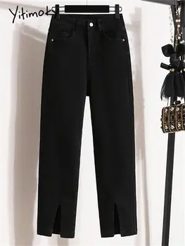 Женские черные джинсовые брюки Yitimoky с разрезом, осень-зима 2022, новые Корейские модные джинсы с высокой талией, брюки оверсайз длиной до щиколоток
