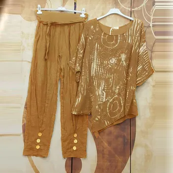 Летние женские комплекты с льняной блузкой и брюками, костюм из 2 предметов, повседневный свободный спортивный костюм, винтажная блузка оверсайз, льняные брюки, комплекты в тон