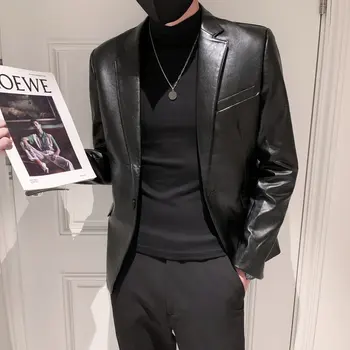 Мужской однотонный черный приталенный пиджак, высококачественная куртка из искусственной кожи, мужской деловой повседневный блейзер для выпускного вечера, мужской Корейский блейзер