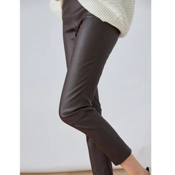 Женские брюки из натуральной кожи с эластичным поясом 2023, Облегающие Стрейчевые ботинки из 100% овчины, Брюки Mujer Classic Черного цвета, карандаш