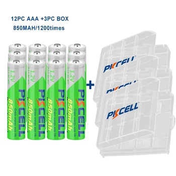 12 Шт предварительно заряженных аккумуляторов PKCELL емкостью 850 мАч AAA, 1,2 В NIMH-аккумуляторная батарея AAA и 3 Шт батарейных отсека AAA с более чем 1200 циклами работы