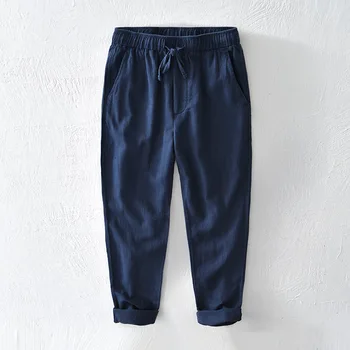 Весенние винтажные мужские хлопчатобумажные льняные брюки с эластичной резинкой на талии и завязками, Удобная свободная рабочая одежда длиной до щиколотки