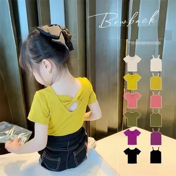 Летняя футболка для девочек с коротким рукавом, без спинки, с бантом, топы, модная одежда для малышей, Корейская детская повседневная одежда от 2 до 7 лет