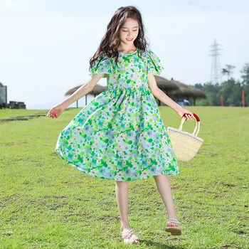 Летнее платье для девочек с зеленым цветком, короткий рукав, высокая талия, милые модные простые платья принцесс, детская одежда от 6 до 14 лет
