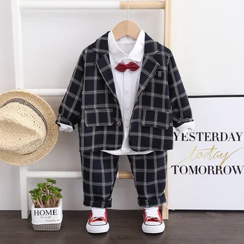 Модный костюм для мальчика от 1 до 5 лет, официальные комплекты детской одежды, Джентльменский свадебный костюм, клетчатое пальто + рубашка с галстуком + брюки, одежда для младенцев и малышей