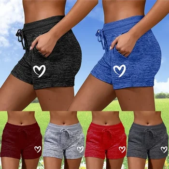 Летние женские шорты с принтом в форме сердца, модные эластичные шорты для фитнеса с высокой талией, спортивные шорты для бега на открытом воздухе