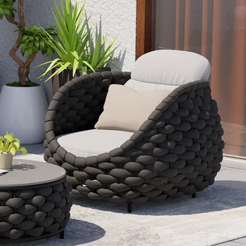Современный уличный диван-кресло Tatta, Плетеное веревочное кресло со съемной подушкой, Серое и черное, Уличная мебель