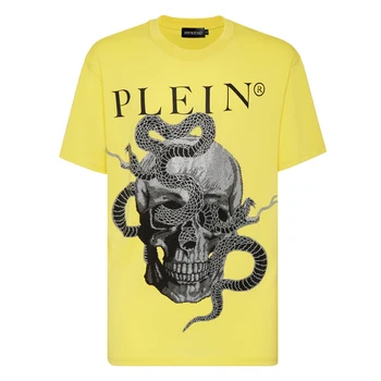 Мужская желтая футболка PLEIN BEAR с черепом Змеи с кристаллами, футболки из 100% хлопка, мужские топы, удобные футболки 918