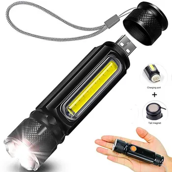 USB T6 Мощный светодиодный перезаряжаемый фонарик Магнитный фонарик Lanter Масштабируемый фонарик COB Zoom Highlight Наружное освещение