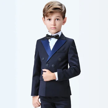 Темно-синий костюм с лацканами Для мальчиков, комплект из двух предметов (куртка + брюки), Новая модная Высококачественная Приталенная одежда 2023 года