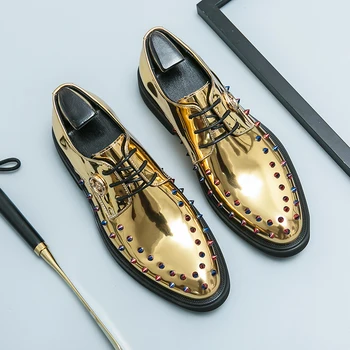 Новые мужские модельные туфли Золотые оксфорды с круглым носком на шнуровке, весна-осень, модная мужская обувь ручной работы, бесплатная доставка