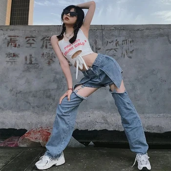 Брюки в разобранном виде, женские джинсы с высокой талией, винтажная женская уличная одежда в стиле хип-хоп с дырками, повседневные Прямые Мешковатые женские джинсы