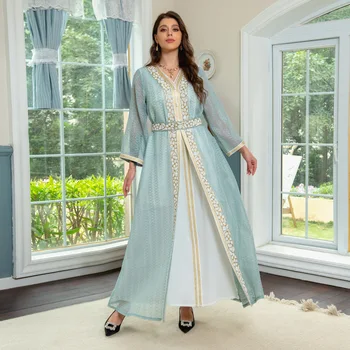 Женское вечернее платье Jalabiya, Роскошные Элегантные халаты, Комплект из двух предметов, пояс с бриллиантами, расшитый бисером, Мусульманские платья Ближнего Востока Abaya