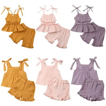 Летняя Одежда для маленьких девочек, Хлопковые льняные топы для маленьких девочек, Платье, Шорты, Комплект одежды, от 1 до 6 лет