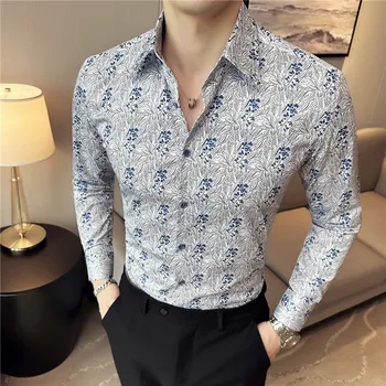Высококачественные Летние Тонкие рубашки с длинным рукавом и принтом для мужчин, одежда 2023, деловой Повседневный Приталенный смокинг для выпускного вечера, блузка Homme White