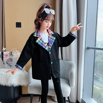 Осенний детский костюм от 5 до 14 лет, блейзер для девочек, школьная одежда на черных пуговицах, блейзер в корейском стиле, подростковое повседневное пальто, куртка для девочки