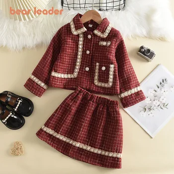 Bear Leader/ Комплект одежды принцессы для девочек из 2 предметов, Новый зимний теплый детский клетчатый блейзер, пальто, верхняя одежда + юбка, рождественские наряды, костюм