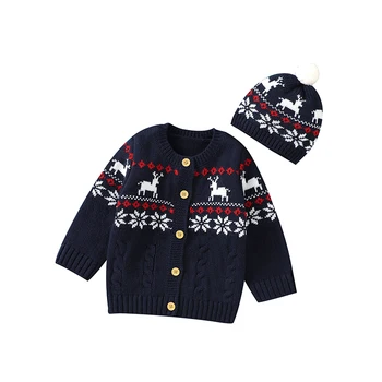 Рождественский кардиган для маленьких девочек и мальчиков с рисунком лося в виде снежинки, круглый вырез, длинный рукав, вязаный свитер на пуговицах, Пальто со шляпой