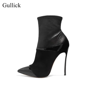 Gullick/ Горячие женские ботильоны с острым носком на высоком каблуке 12 см / 10 см на тонком каблуке, сексуальные кожаные ботинки, мотоциклетные ботинки большого размера 11